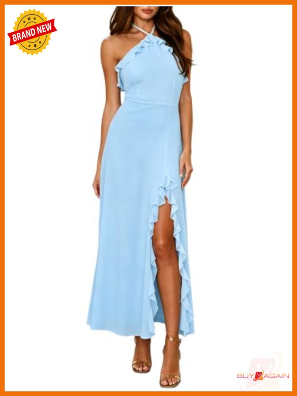 Halter Backless Maxi Dress with High Slit Ruffle Hem